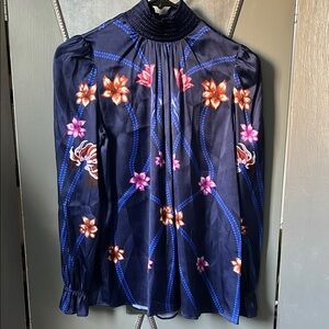 Tucker blouse Stella S Blue Floral feminine Long sleeve High neck EUC